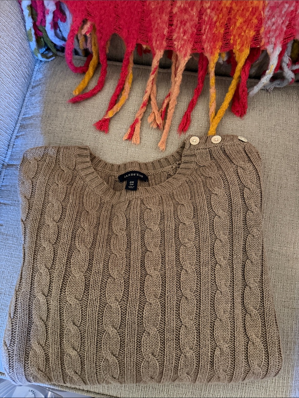 Lands' End Women's Cable-Knit Crew Sweater in Taupe- NWOT